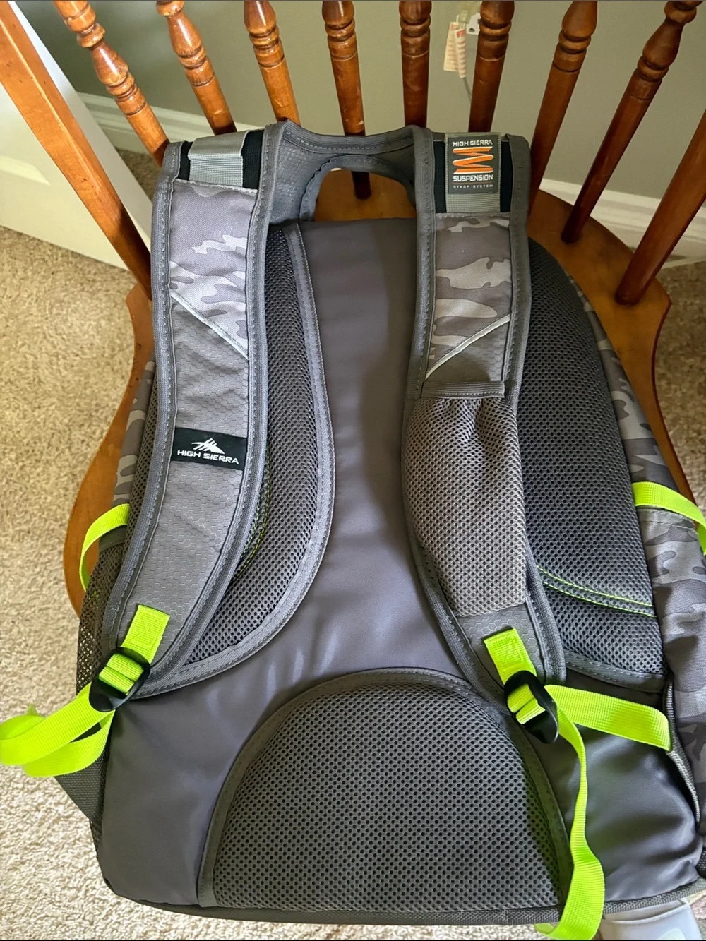 High Sierra Gray Camo Backpack with Neon Yellow Accents, Like New!